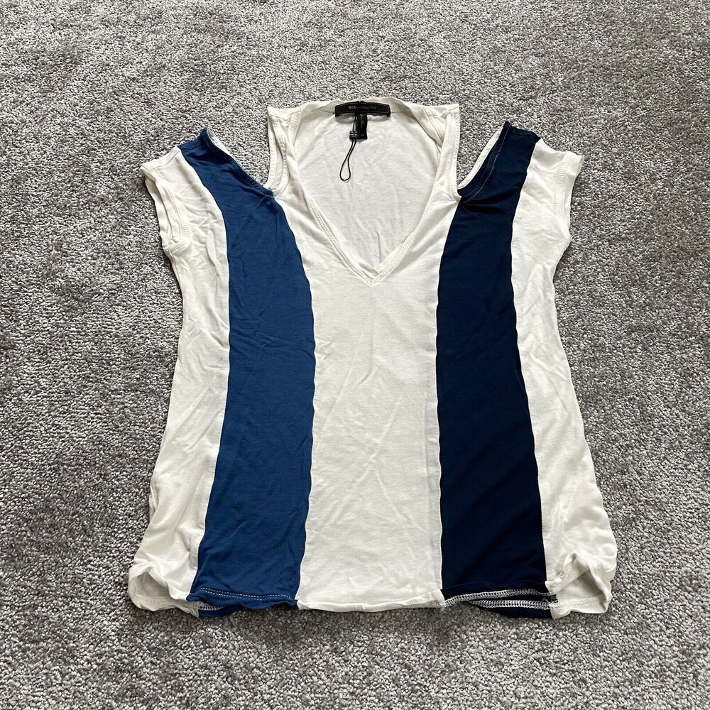 BCBGMAXAZRIA Shirt Womens XS White Blue Navy Striped Cold Shoulder V Neck